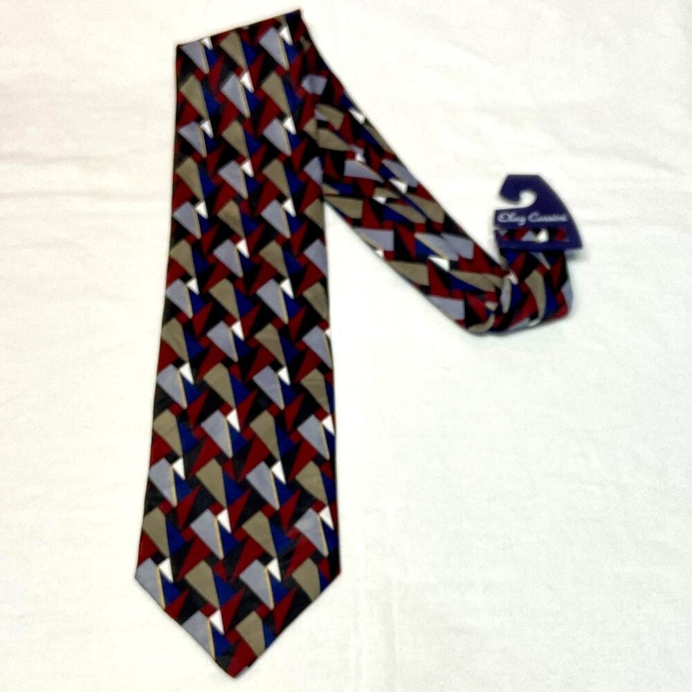 Oleg Cassini MCM Geometric Print Tie Blue Red Tan Retro Designer Neckwear